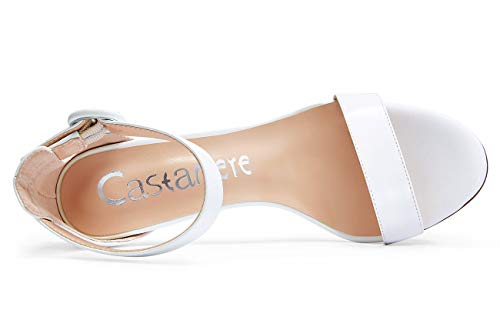 CASTAMERE Zapatos de Tacón Mujer Punta Abierta Sandalias Tira de Tobillo Tacón de Aguja 10CM Blanco Satín Zapatos EU 38.5