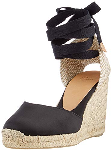 Castañer Alpargata de cuña Carina elaborada en Raso 9 cm | Mujer | Negro | 39 EU