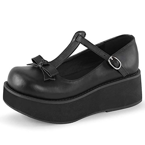 CELNEPHO Mary Jane - Zapatos para mujer, diseño de lazo dulce, punta redonda, con correa en T, con plataforma Lolita gótica, zapatos Oxfords, (A-negro), 40 EU