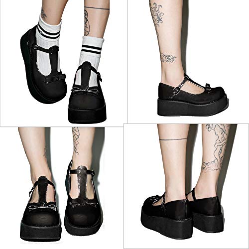 CELNEPHO Mary Jane - Zapatos para mujer, diseño de lazo dulce, punta redonda, con correa en T, con plataforma Lolita gótica, zapatos Oxfords, (A-negro), 40 EU