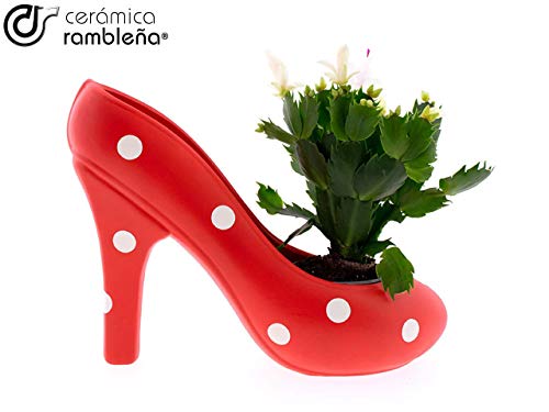 CERÁMICA RAMBLEÑA | Centro de Mesa Zapato tacón Decorado | Lunares Rojo | Centro cerámica | Centro decoración | Jarrón Decorativo | Decoración 100% Hecho a Mano | 35x11x22 cm