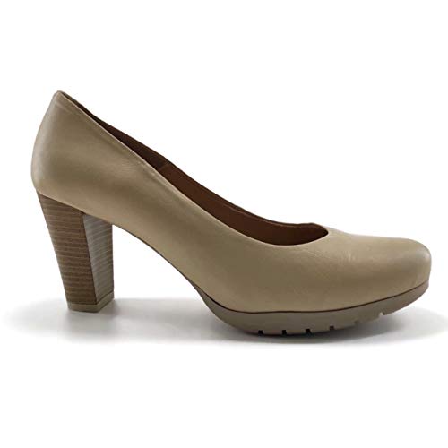 Chamby 4390 -Zapato de Tacón Ancho Mujer/Salón en Piel para Señora/Elegante y Cómodo/Planta de Gel/Zapato de Vestir ó Oficina/Clasico/Fondo de Armario (Beige, Numeric_41)