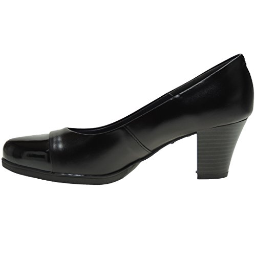 CHAMBY 4441 Zapato Salón Piel Tacón Ancho de 6 Cm y Punta Charol Piso Goma para Mujer Negro Talla 36