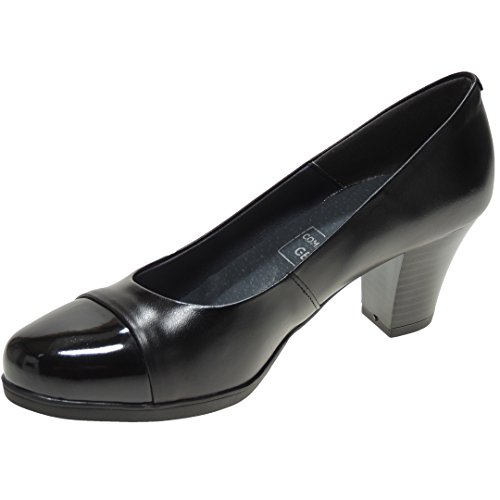 CHAMBY 4441 Zapato Salón Piel Tacón Ancho de 6 Cm y Punta Charol Piso Goma para Mujer Negro Talla 36