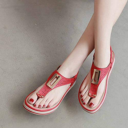 Chanclas De Plataforma De Verano para Mujer Sandalias De Playa De Color Sólido Cómodos Tacones Bajos Pisos Decoración De Metal Correa En T Zapatos De Cuña con Punta Abierta