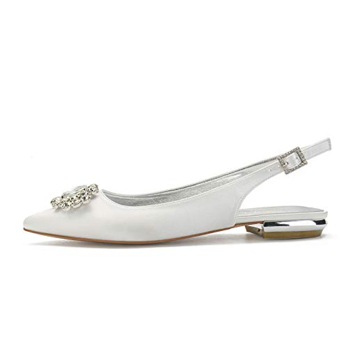 Charmstep Mujeres Bailarinas De Boda Puntiagudas Slingback Hebilla Rhinestones Satén Zapatos De Novia Planos 5047-57,Plata,42 EU