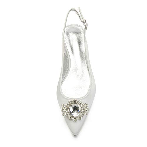 Charmstep Mujeres Bailarinas De Boda Puntiagudas Slingback Hebilla Rhinestones Satén Zapatos De Novia Planos 5047-57,Plata,42 EU