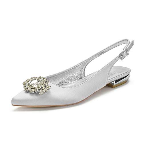Charmstep Mujeres Bailarinas De Boda Puntiagudas Slingback Hebilla Rhinestones Satén Zapatos De Novia Planos 5047-57,Plata,42 EU