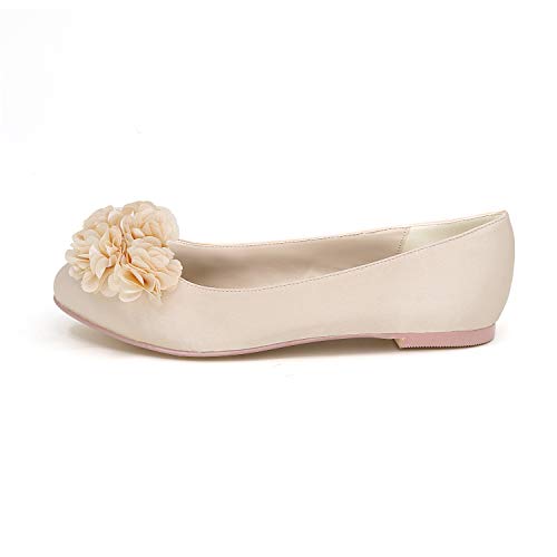 CHARMSTEP Zapatos De Boda Planos para Mujer Bailarinas De Satén Flor Punta Cerrada Zapatos De Novia Fiesta 9872-01H,Champagne,42 EU