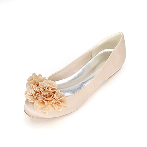 CHARMSTEP Zapatos De Boda Planos para Mujer Bailarinas De Satén Flor Punta Cerrada Zapatos De Novia Fiesta 9872-01H,Champagne,42 EU