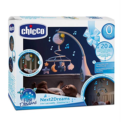 Chicco Next2Dreams Carrusel Móvil Bebé con Luces y Música - 3 en 1 Móvil Compatible con Cuna Next2Me o Minicunas Colecho/Viaje, Efectos de Sonido, Proyector de Luz Nocturna y Música Clásica, 0m+, Azul