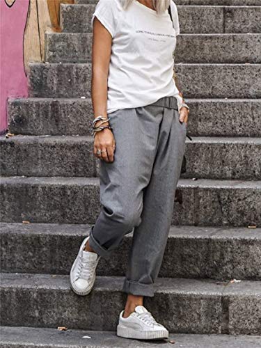 Chickwin Cintura Alta Elástica Casual Harem Pantalones Mujer, Yoga Boho Moda Hippies Bohemio Color Liso Tailandés Estilo Harén Sueltos (2XL,Gris)