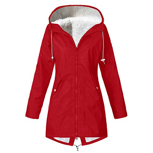 Chubasquero Mujer Impermeable Chaquetas de Felpa Invierno Termica Abrigo con Capucha Tallas Grandes Rompevientos Secado Rápido Tops Montañismo Cardigan Outwear Casual Yvelands(Rojo,XL)