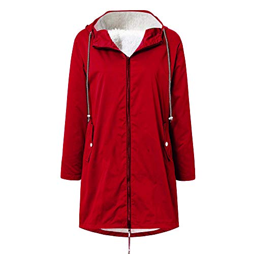 Chubasquero Mujer Impermeable Chaquetas de Felpa Invierno Termica Abrigo con Capucha Tallas Grandes Rompevientos Secado Rápido Tops Montañismo Cardigan Outwear Casual Yvelands(Rojo,XL)