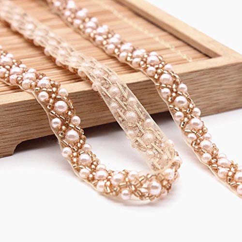 Cinta bordada de encaje de 10 mm para disfraz de costura, suministros de costura, manualidades, nailon, cuentas doradas de perlas bordadas DF.