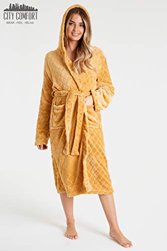 CityComfort - Bata De Baño De Lujo para Mujer con Capucha Y Puños De Sherpa | Bata Súper Suave con Capucha Forrada | Albornoz De Felpa (M, Amarillo)