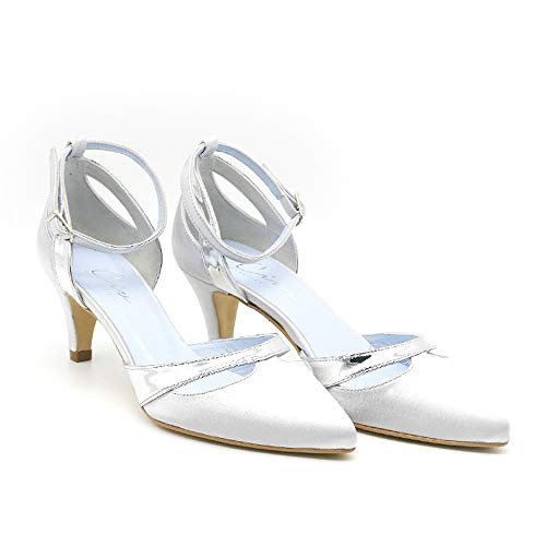 CIVI. Zapato de Vestir para Bodas y Celebraciones. Plata. Gris Perla.Tacón Bajo. Punta Fina. Cómodo. Piel. Novia. Invitada. Madrina. Mujer. Calzado de Fiesta. (39 EU, Plata)