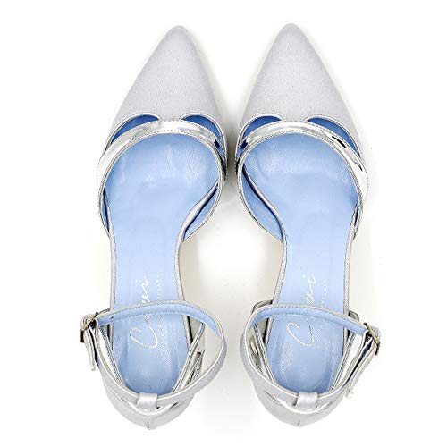 CIVI. Zapato de Vestir para Bodas y Celebraciones. Plata. Gris Perla.Tacón Bajo. Punta Fina. Cómodo. Piel. Novia. Invitada. Madrina. Mujer. Calzado de Fiesta. (39 EU, Plata)