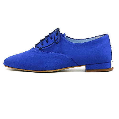CIVI. Zapato Oxford Inglés de señora. Calzado de Mujer con Cordones. Aul electrico. para Bodas y Celebraciones. Plano. Sin Tacón. Cómodo. Piel. Novia. Invitada. Calzado de Fiesta. (39 EU, Azul)