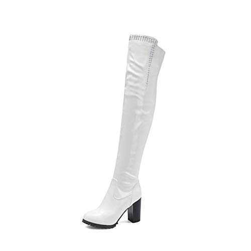 CJCJ Botas por Encima De La Rodilla para Mujer, Botas Cálidas para Mujer con Cremallera Lateral, Tacón Grueso Botas Altas para Mujer De Tacón Medio,Blanco,40