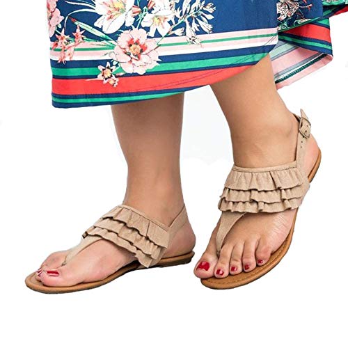 Clip Toes Flip Flops | Sandalias Peep Toe planas para mujer | Sandalias con correa en forma de T | Loto de hoja Boho antideslizante Suela de goma Casual Zapatos de playa para vacaciones,Beige,38
