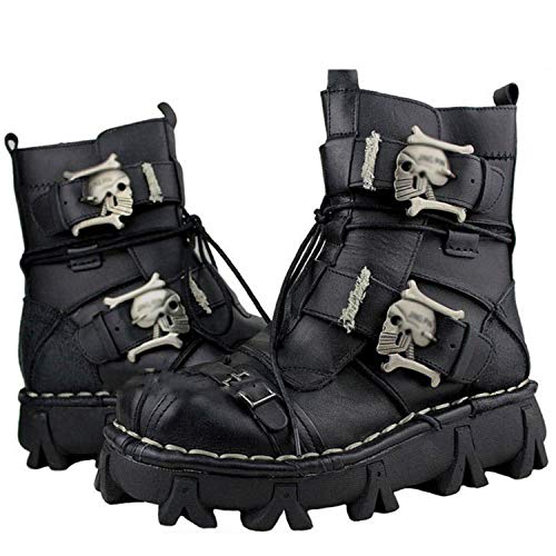 CMBJX Botas Punk para Hombre, Botas de Motorista de Cuero con Cordones, Zapatos de Calavera diabólica Botas de Roca gótica Unisex Botas Altas Martin Retro Metalizadas,Black_a-44