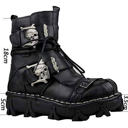 CMBJX Botas Punk para Hombre, Botas de Motorista de Cuero con Cordones, Zapatos de Calavera diabólica Botas de Roca gótica Unisex Botas Altas Martin Retro Metalizadas,Black_a-44