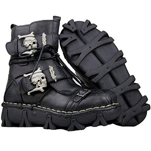 CMBJX Botas Punk para Hombre, Botas de Motorista de Cuero con Cordones, Zapatos de Calavera diabólica Botas de Roca gótica Unisex Botas Altas Martin Retro Metalizadas,Black_a-44
