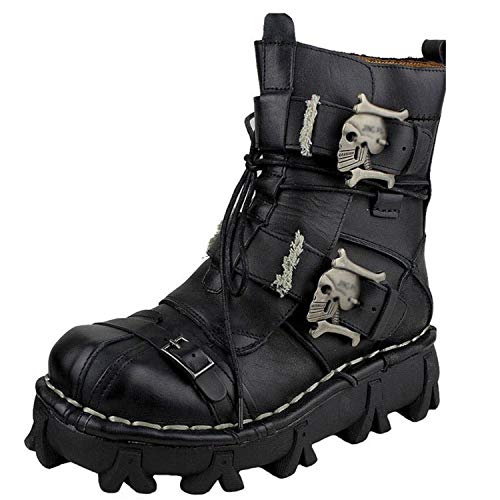 CMBJX Botas Punk para Hombre, Botas de Motorista de Cuero con Cordones, Zapatos de Calavera diabólica Botas de Roca gótica Unisex Botas Altas Martin Retro Metalizadas,Black_a-44