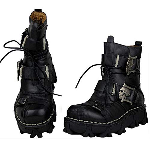 CMBJX Botas Punk para Hombre, Botas de Motorista de Cuero con Cordones, Zapatos de Calavera diabólica Botas de Roca gótica Unisex Botas Altas Martin Retro Metalizadas,Black_a-44