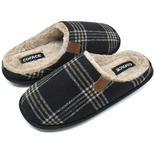 COFACE Zapatillas de Estar en Casa Hombre Tartán Invierno Cálido Forro de Felpa Pantuflas Alta Densidad Espuma de Memoria Zapatos con Antideslizante Suela Tallas 42