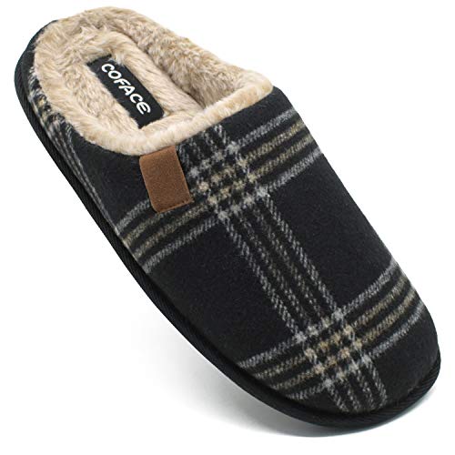 COFACE Zapatillas de Estar en Casa Hombre Tartán Invierno Cálido Forro de Felpa Pantuflas Alta Densidad Espuma de Memoria Zapatos con Antideslizante Suela Tallas 42