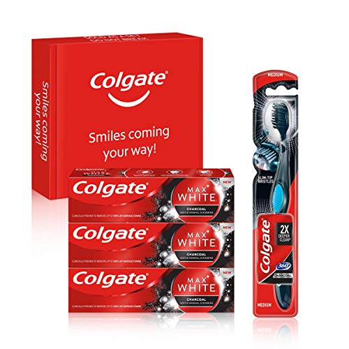 Colgate Kit Blanqueante al Carbón con Pasta de Dientes Max White Carbón (3 x 75 ml) y Cepillo Blanqueador Max White 360 (1 ud)