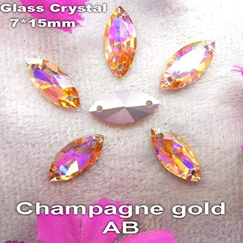 Colores AB de vidrio Dos agujeros 7 * 15 mm 9 * 18 mm 20pcs / bolsa Navette forma de ojo de caballo Coser en cristales Zapatos vestido de novia ornamento diy trim, A6 Champagne gold AB, 7x15mm 20pcs