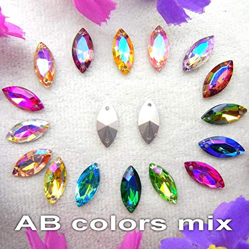 Colores AB de vidrio Dos agujeros 7 * 15 mm 9 * 18 mm 20pcs / bolsa Navette forma de ojo de caballo Coser en cristales Zapatos vestido de novia ornamento diy trim, A6 Champagne gold AB, 7x15mm 20pcs