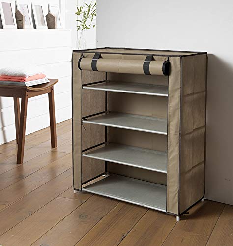 Compactor Zapatero 4 baldas con funda, Color marrón, Fabricado en polipropileno, Tamaño, 59 x 29 x 72 cm, Capacidad para 12 pares, RAN6960