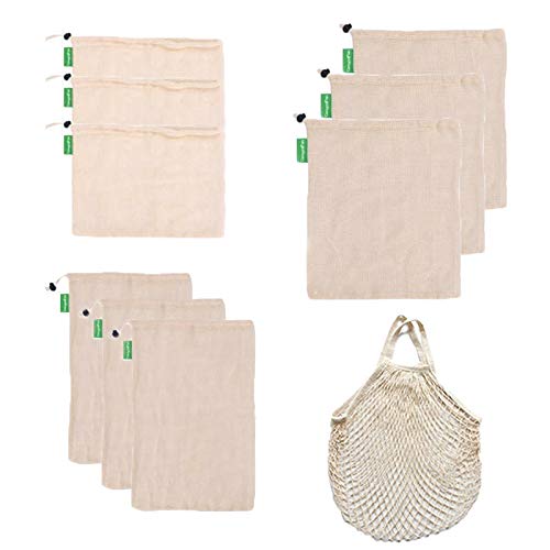CompraFun Bolsas Reutilizables de Compra, Bolsas de Malla de Algodón Lavables y Transpirables para Frutas, Verduras, Juguetes. Libres de BPA, Ecológicas y Biodegradables (3*S, 3*M, 3*L, 1*XL). Set 10