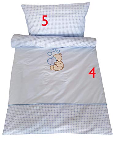 Conjunto de ropa de cama para cuna de bebé, 100% algodón, conjunto completo XXL de 10 piezas, diseño bordado de osito, incluye mosquitera azul azul Talla:120x60cm
