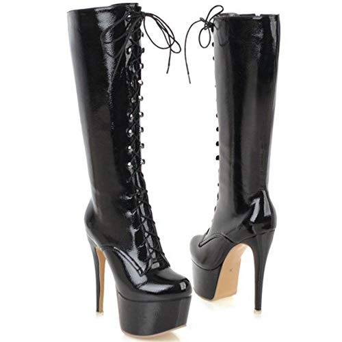 COOLCEPT Mujer Moda Tacón Alto Fiesta Vestido Botas Plataforma Botas de Rodilla Otoño Black Size 45 Asian