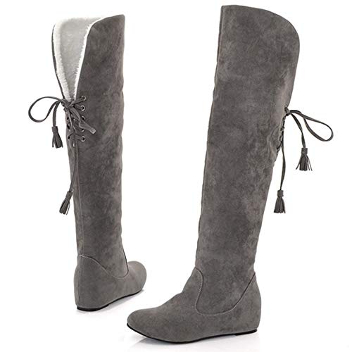 COOLCEPT Mujer Moda Tacón de Cuña Botas sobre la Rodilla Punta Redonda Tacón Medio Botas Altas sin Cordones Grey Size 41 Asian