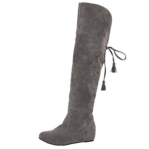 COOLCEPT Mujer Moda Tacón de Cuña Botas sobre la Rodilla Punta Redonda Tacón Medio Botas Altas sin Cordones Grey Size 41 Asian