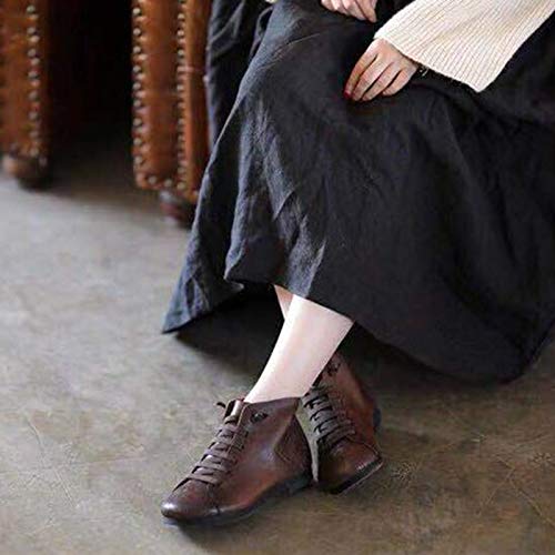 Coomir Botas, Botines de Cuero Otoño Vintage con Cordones Zapatos de Mujer Botas cómodas de tacón Plano Cremallera Bota Corta