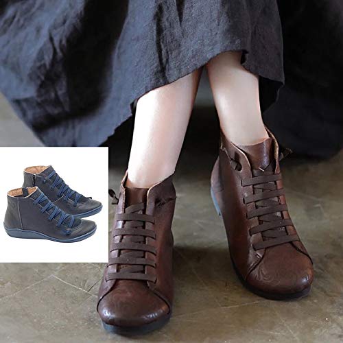 Coomir Botas, Botines de Cuero Otoño Vintage con Cordones Zapatos de Mujer Botas cómodas de tacón Plano Cremallera Bota Corta