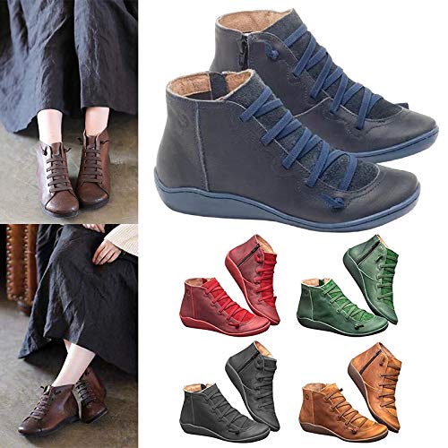 Coomir Botas, Botines de Cuero Otoño Vintage con Cordones Zapatos de Mujer Botas cómodas de tacón Plano Cremallera Bota Corta