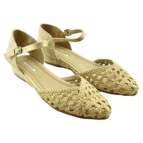 CORINA - Sandalia con Puntera Calada Y CUÑA Baja DE Esparto Sintético Mujer Color: Oro Talla: 39