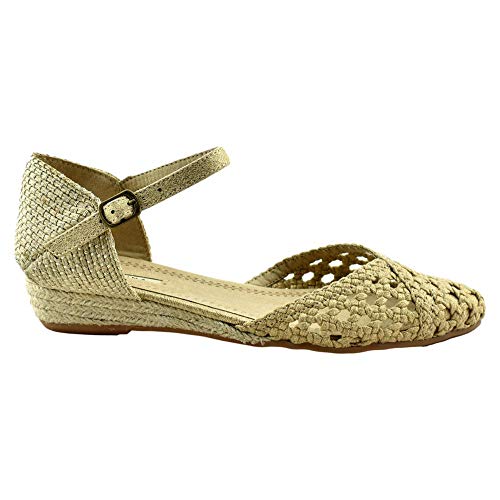 CORINA - Sandalia con Puntera Calada Y CUÑA Baja DE Esparto Sintético Mujer Color: Oro Talla: 39