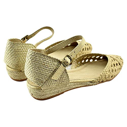 CORINA - Sandalia con Puntera Calada Y CUÑA Baja DE Esparto Sintético Mujer Color: Oro Talla: 39