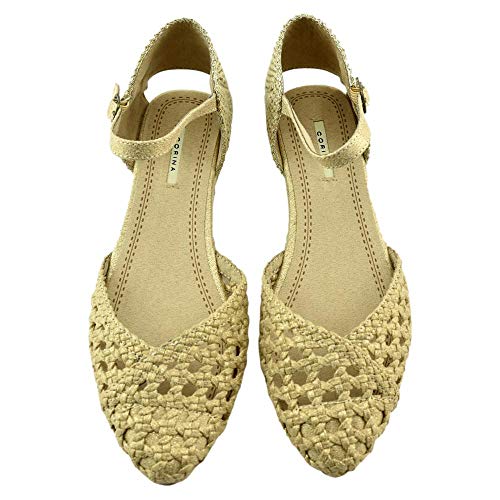 CORINA - Sandalia con Puntera Calada Y CUÑA Baja DE Esparto Sintético Mujer Color: Oro Talla: 39