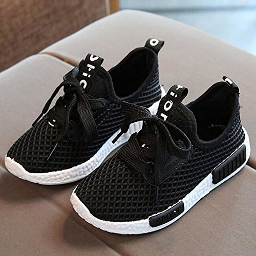 Daclay Zapatos niños Niñas Deportivo Transpirable Malla con Parte Superior de Cuero cómoda Suave Cordones Zapatillas Sneakers (30 EU,Negro)