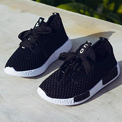 Daclay Zapatos niños Niñas Deportivo Transpirable Malla con Parte Superior de Cuero cómoda Suave Cordones Zapatillas Sneakers (30 EU,Negro)